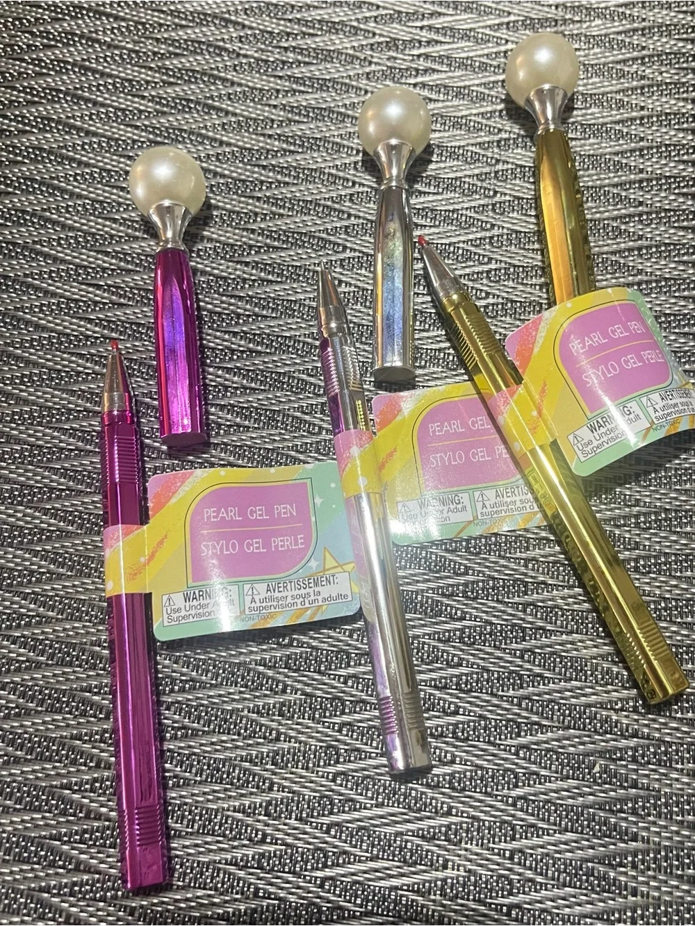 Pearl-Topped Gel Pen Set — Pink, Silver & Gold Party Favor Pack
